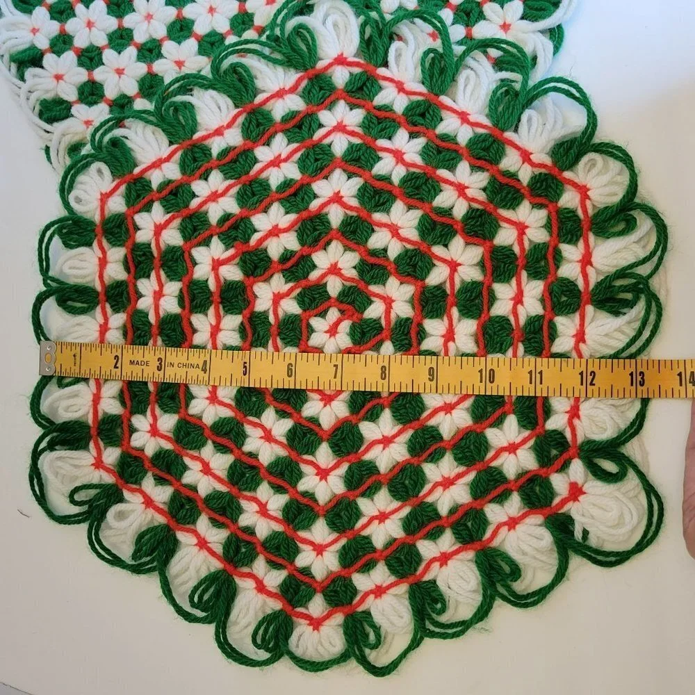 Christmas Themed Green Red & White Handmade Knit Yarn Table Tops / Placemats